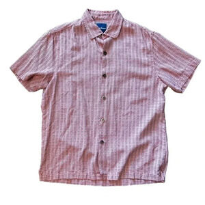 Tommy Bahama 100 % Silk Men’s Medium Geometric Pattern Red Black EUC Button Down